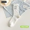 Meias com Etiqueta de Tecido de Renda para Mulheres, Meias de Cano Médio, Meias de Algodão para Primavera e Verão, Estilo Ballet Fino, Meias Longas Modernas Estilo Coreano e Japonês