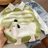 Conjunto de Camisa y Chaleco de Punto para Niños Primavera y Otoño, Lindo Chaleco Rayado de Dibujos Animados, Versátil Conjunto de Tres Piezas de Mezclilla