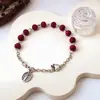 Pulseira do Rosário Redonda Transparente Caixa de Rosa Estilo Retro Italiano Prata Antiga Autêntica Sagrado Coração de Maria Contas de Madeira Escuras Vermelhas Perfumadas