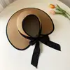 Sombrero de Paja de Copa Abierta para Mujer, Sombrero de Playa para Viajes de Verano, Protección Solar, Plegable, Circunferencia de Cabeza Grande, Sombrero de Moda con Lazo