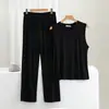 Chaleco liso de color sólido para hombre con cuello redondo, verano, algodón fino, casual, deportivo, conjunto de ropa para casa, pijama y pantalones para dormir