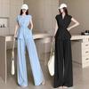 Conjunto Elegante Sem Mangas de Cor Sólida Transfronteiriço Calças de Pernas Largas de Cintura Alta Duas Peças Novo Estilo Estilo Ocidental Look Slim Moda Versátil