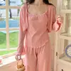 Pijama feminino três peças algodão outono bojo removível alça de pescoço desejo puro manga longa sexy roupa de casa pode ser usado fora