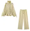 Ropa para Mujer Europea Americana Venta Caliente en AliExpress Top Asimétrico Plisado de un Hombro Ceñido a la Cintura con Hombros Acolchados + Conjunto de Pantalones de Pierna Ancha