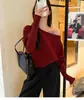 Estilo Delicado Ombro Caído Gola Uma Linha Manga Lanterna Tricô Feminino 2025 Estilo Coreano Solto e Chique Camisa Top
