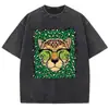 Camiseta de algodão puro pesada lavada, 220g, corte solto, manga curta, com estampa de leopardo e estilo americano vintage, para homens e mulheres