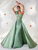Elegante Vestido de Noche Nuevo Estilo Verde sin Tirantes de un Hombro con Adornos Florales Tridimensionales, Lentejuelas y Cintura Acampanada
