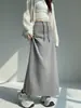 Saia esportiva cinza para mulheres, novo estilo primavera e outono, cintura alta, corte reto, saia evasê com fenda, saia estilo moletom fluida, saia longa