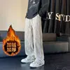 Pantalones de pana tie-dye estilo americano para hombre, nuevo modelo otoño e invierno, forrados de polar, cálidos, modernos, con caída, talla grande, pierna ancha, casual