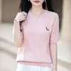 Camiseta de punto con bordado 100% algodón, manga corta, para mujer, verano, fina, adelgazante, temperamento, todo algodón, top fino