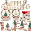 Conjunto de Louça Tema Árvore de Natal com Azevinho em Aquarela Pratos de Papel com Laço e Frutas Copos de Papel Toalha Suprimentos para Festa de Feriado