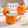 Taza de Calabaza Linda con Tapa, Taza de Cerámica a Prueba de Polvo, Vaso de Agua para Oficina, Taza de Café Creativa, Taza de Regalo para Fiestas