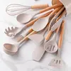 Balde de Armazenamento Popular Branco Cáqui com Alça de Madeira Conjunto de Utensílios de Cozinha de Silicone com 12 Peças Conjunto de Utensílios de Cozinha Conjunto de Cozinha