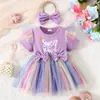 Roupas de Verão para Meninas Vestido Roxo com Estampa de Letras Manga Curta Vestido Princesa de Malha com Lantejoulas Arco-Íris Infantil