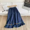 Falda de Estilo Coreano de Cintura Alta en Línea A para Mujer, Flores Bordadas, Falda Midi de Mezclilla, Para Ir al Trabajo, Oculta el Vientre, Adelgazante, Versátil, Falda Casual