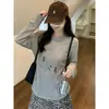Top Gris Elegante para Mujer Estilo Coreano Estampado Pintado a Mano, Camiseta de Manga Larga Estilo Casual Perezoso, Cubre Ropa Delgado de Verano para Proteger del Sol