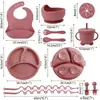 Alimento Complementario Infantil Transfronterizo Vajilla de Silicona Cordón Plato para Cenar Babero Bebé Tazón Complementario Ventosa Tenedor Cuchara Bebé Aprende a Comer