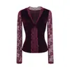 Camiseta de Manga Larga con Encaje y Terciopelo Retro para Mujer 2025 Otoño Nuevo Sexy Americano Cuello en V Delgado Estilizado Top