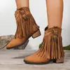 Comércio Exterior Transfronteiriço plus size outono e inverno novas botas western cowboy de camurça vintage com saltos grossos, tachas e franjas para mulheres