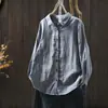 Camisa de Xadrez Azul para Mulheres 2026 Nova Início de Outono Algodão Puro Gaze Dupla Camada Retrô Casual Solta Manga Longa Camisa Básica