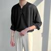 Camiseta holgada de manga larga de alta calidad de estilo coreano de otoño 2023 para hombre, marca de moda INS, camiseta con cuello en V pequeño tipo gofre