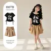 Conjunto de Suéter Redondo a la Moda con Lazo para Niñas, Nuevo Conjunto Casual de Dos Piezas de Verano con Pantalones Cortos a la Rodilla para Niños Mayores