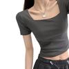 Playera Negra Corta para Mujer de Manga Corta con Aspecto Adelgazante de Cintura Alta y Ombliguera Ajustada Top Blanco de Media Manga Nuevo 2025 Cuello U Cuello Redondo