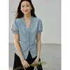 Camisa a Cuadros Azules con Volantes y Mangas Abullonadas Guangzhou Trece Líneas Top para Mujer AN1108