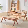 Banco de Ratán Nórdico Madera Maciza Estilo Wabi-Sabi Taburete Cambiador de Zapatos Ratán Doble Capa Superficie de Ratán Taburete K Largo Individual Doble Triple