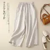 Calças Cropped Wide-Leg de Algodão e Linho Vintage para Mulheres, Calças Casuais de Cor Sólida com Cintura Elástica e Amarração para o Verão, Calças Largas e Versáteis de Algodão e Linho