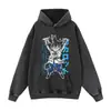 Sudadera con Capucha Estampada Tela Lavada Retro Negra Bolsillos Corte Holgado Sudadera 2D Otoño/Invierno Sudadera sin Capucha