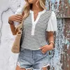 Blusa Patchwork com Manga Bufante de Comércio Exterior 2026 Nova Verão Europeu e Americano Transfronteiriça Gola Alta Pequena Camiseta Listrada Casual Roupa Feminina