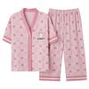 Pijama de Algodón para Mujer Verano Manga Corta Pantalón Recortado Cárdigan Cuello Kimono Ropa para el Hogar Casual Conjunto de Estudiante para Mujer