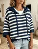 Exclusivo Punto Transfronterizo Europeo y Americano para Mujer Otoño e Invierno Nueva Llegada Sudadera de Punto con Capucha y Cordón Manga Larga Punto Rayado