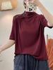 Camiseta de cuello medio alto de principios de otoño 2024 con botones de patchwork, camiseta retro de manga corta para mujer, base de manga media