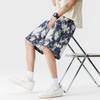 Shorts Masculino de Verão Estampado Floral Calça de Praia Fina Secagem Rápida Estilo Férias Versátil Calça Casual Azul