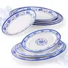 Plato ovalado de melamina azul y blanco de porcelana A5 para pescado plato para platos fríos plato de plástico plato de cocina de hotel comercial
