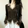 Camiseta de Manga Longa Patchwork Xadrez Falsa de Duas Peças para Mulheres, Primavera/Outono, Super Linda, Ombro Caído, Emagrecedora, Fashion, Estilosa, Top com Gola Polo
