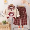 Conjunto de Dos Piezas para Niñas Otoño e Invierno Cuadros Empalmados Solapa Espiga Nuevo Estilo 2025 Estilo Infantil Pequeño y Mediano Forro Polar Estilo Coreano