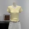 Camiseta de manga corta para mujer estilo europeo con diseño de hombro recto, nuevo modelo de verano, diseño único y exquisito de espalda con corte, top corto