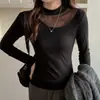 European-style half-high collar mesh splicing long-sleeve t-shirt for women, autumn and winter design, stylish inner layer base shirt