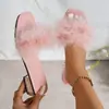Pantuflas Blancas de Felpa con Plumas, Puntera Cuadrada, Punta Abierta, Chanclas Brillantes con Pedrería, Tacón Grueso, Moda Transfronteriza para Mujer, Pantuflas para Citas Nocturnas