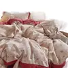 Estilo Nórdico Romántico Estampado de Rosas Transpirable Amigable con la Piel Gasa Plisada Sábana Funda Nórdica Juego de Tres Piezas Ropa de Cama Juego de Cuatro Piezas