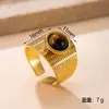 Venda Quente Transfronteiriça Anel Aberto de Aço Inoxidável Luxo Alto Padrão Toque Anel Olho de Tigre Prensado a Óleo Joia Banhada a Ouro 18K
