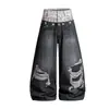 Marca de Moda Callejera Americana Jeans Nuevos con Diseño Único, Pantalones Anchos Sueltos, Pantalones Estampados de Largo Completo Falsos de Dos Piezas