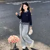 Jeans de ganga estilo universitário coreano 2026 para raparigas, conjunto de cardigã patchwork xadrez color-blocking estilo coreano para primavera e outono