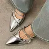 Versión de piel de oveja~Zapatos de salón poco profundos de punta fina plateados de estilo francés elegantes para mujer con tiras cruzadas, zapatos Mary Jane versátiles que aumentan la altura para la primavera