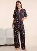 Conjunto de Dos Piezas para Mujer de Manga Corta con Solapa, Cardigan Estampado, Pijama y Ropa de Casa, Nuevo Estilo Europeo y Americano Transfronterizo para Primavera y Verano