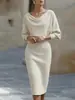 Vestido Largo de Mujer 2026 Estilo Nuevo Europeo y Americano Transfronterizo Mangas Murciélago Plisadas Largo Medio Adelgazante Cubre Imperfecciones para Viaje de Negocios Vacaciones