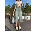 Jeans Feminino de Verão Fino de Cintura Alta de Perna Reta Solto Retro Emagrecedor Vintage Azul Desfiado Rasgado de Perna Larga